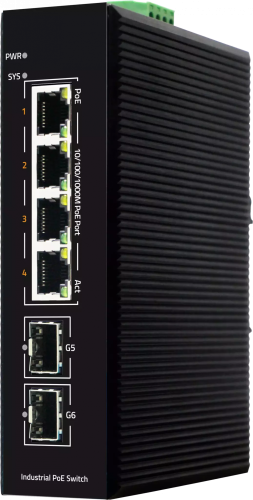 Коммутатор GIGALINK, L2, индустриальный на DIN рейку, 4 POE 10/100/1000Мбит/с (af/at/BT), 2 SFP 1000Мбит/с, 1 Console, питание 48В (блок питания поставляется отдельно 360 Ватт)