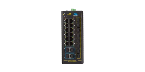 Коммутатор GIGALINK, L3, индустриальный на DIN рейку, 12x10/100/1000Мбит/с (1-8 PoE af/at), 8x1000Мбит/с SFP, 4x10Гбит/с SFP+, 1 Консольный RJ-45, питание 48В (блок питания поставляется отдельно 480 Ватт)